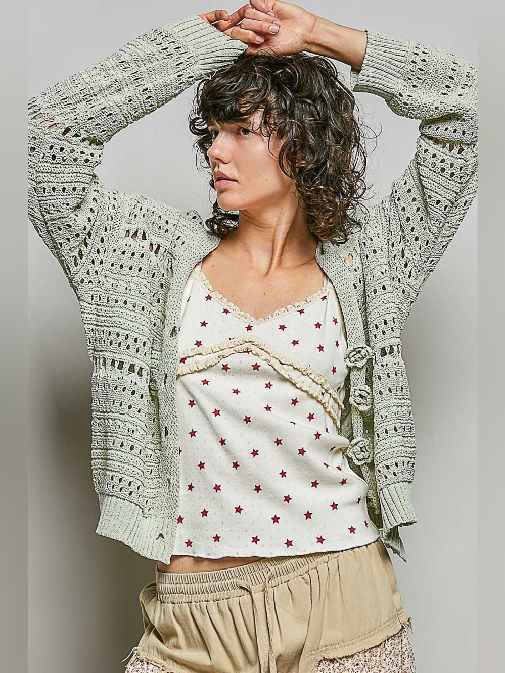 POL Lime Green Open-Knit Cardigan | 3D Floral Button Front Sweater | Boho ποΈ - Picture 5 of 7